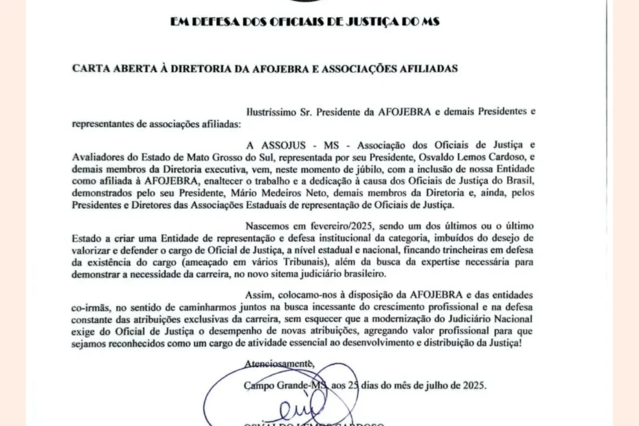 ASSOJUS-MS se filia à AFOJEBRA: Fortalecendo a representação nacional dos Oficiais de Justiça