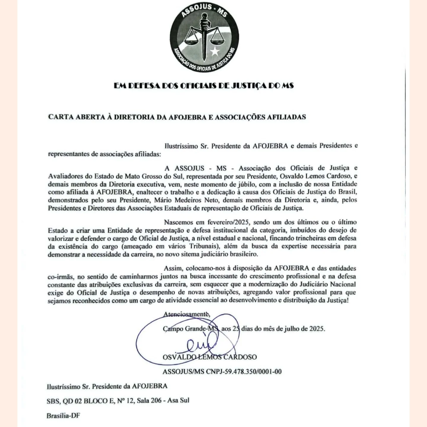 ASSOJUS-MS se filia à AFOJEBRA: Fortalecendo a representação nacional dos Oficiais de Justiça