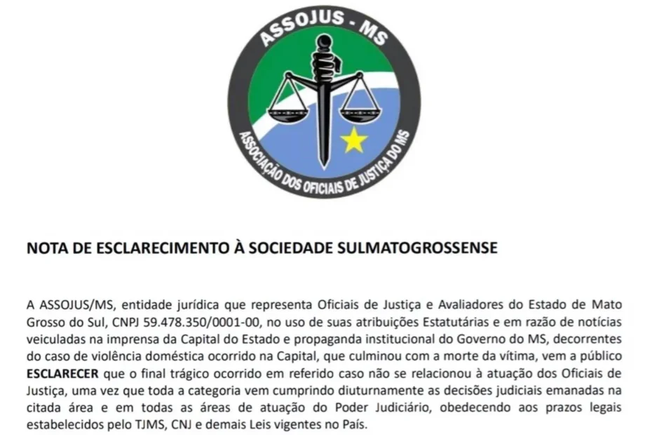 ASSOJUS-MS esclarece atuação dos Oficiais de Justiça em caso de violência doméstica