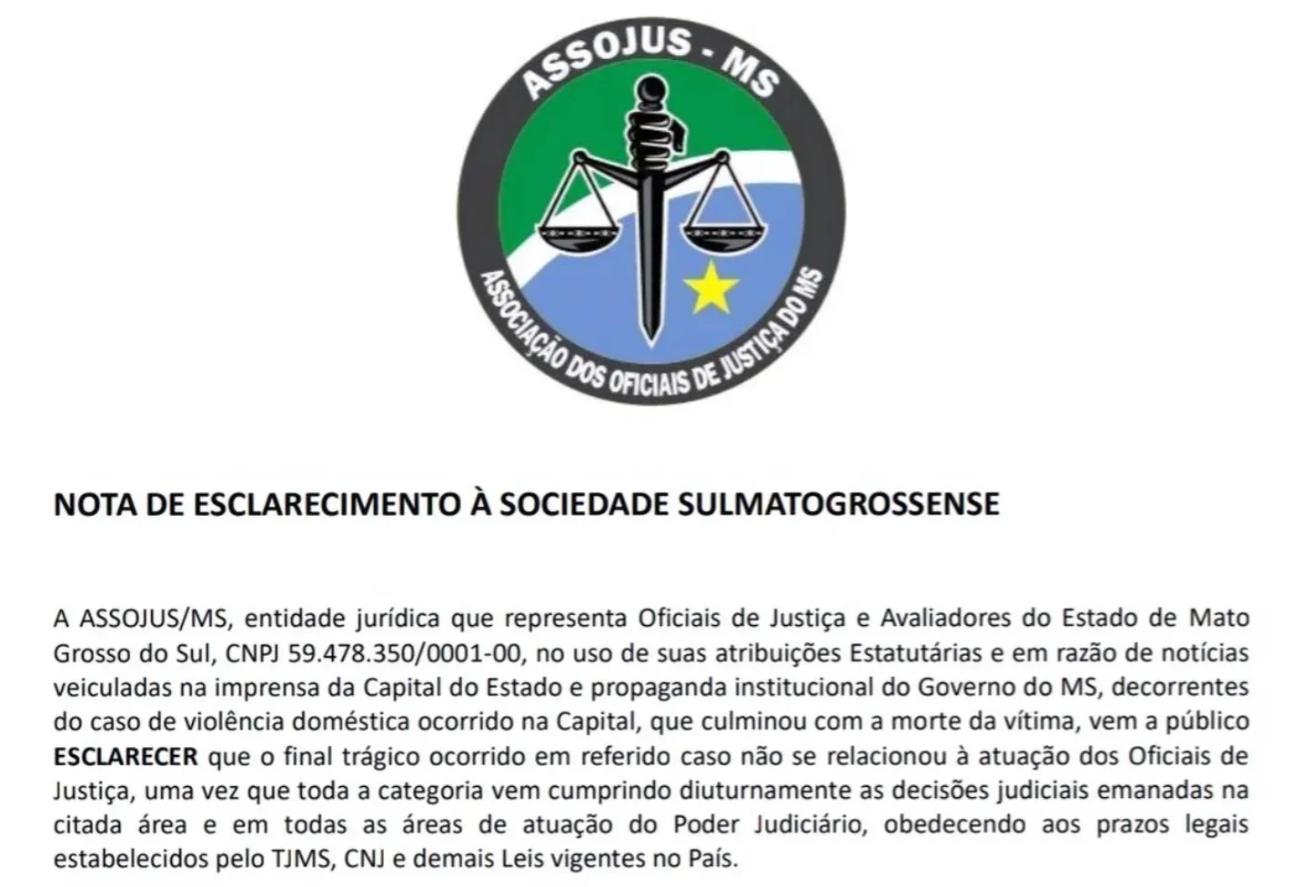 ASSOJUS-MS esclarece atuação dos Oficiais de Justiça em caso de violência doméstica